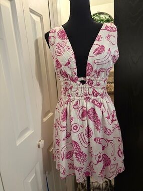 Pink and White Fruit-Print Mini Dress